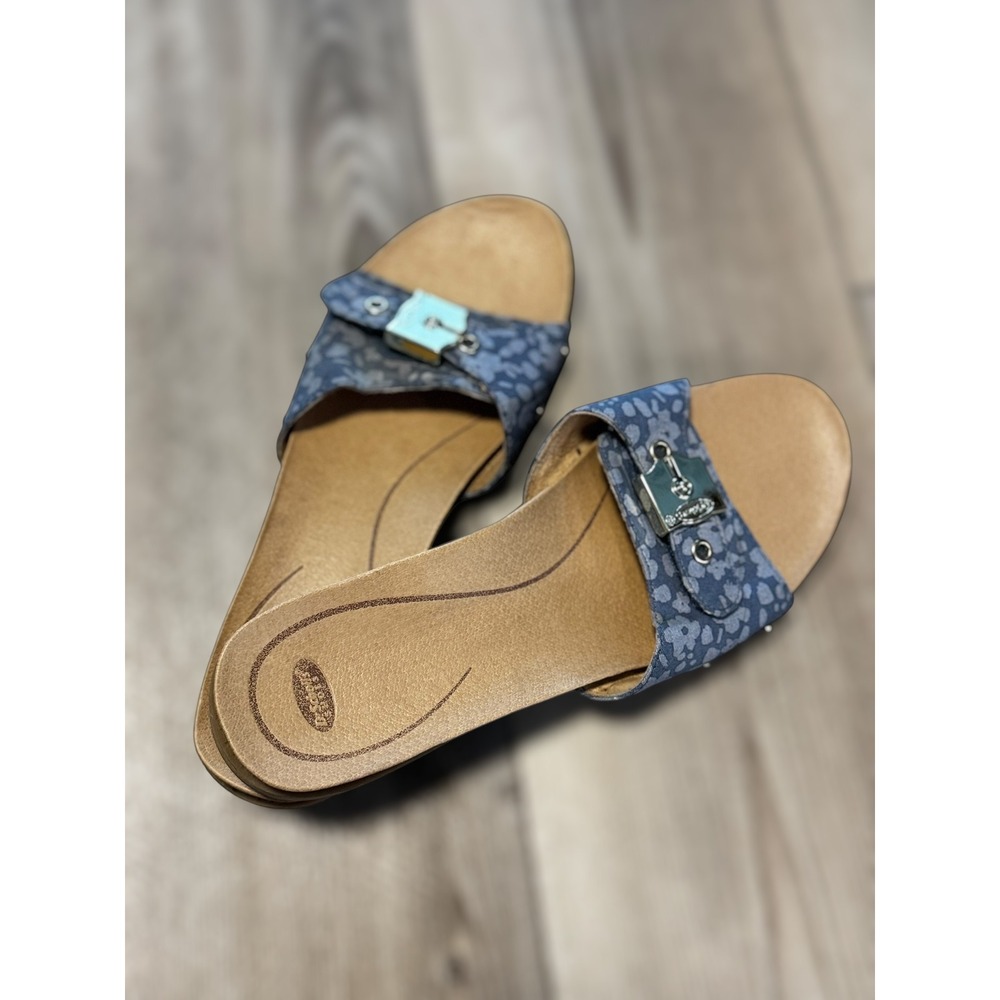 Dr Scholls Originalist Blue Chambray Floral Sandals Womens 10 Buckle Accent‎